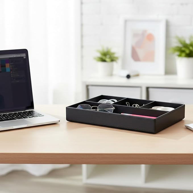 UnionBasic Flat 4-Slot Leather Desk Drawer Tray Stationery Sundries Gadget Organizer Storage Box Pen Pencil Holder Case Container (Black)