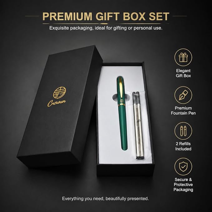 Luxury Gold Rollerball Pen, 24K gold-plated exquisite pen body, stylish and simple design, two ink refills, gift set for men and women, executive writing, office, graduation gift (Green)