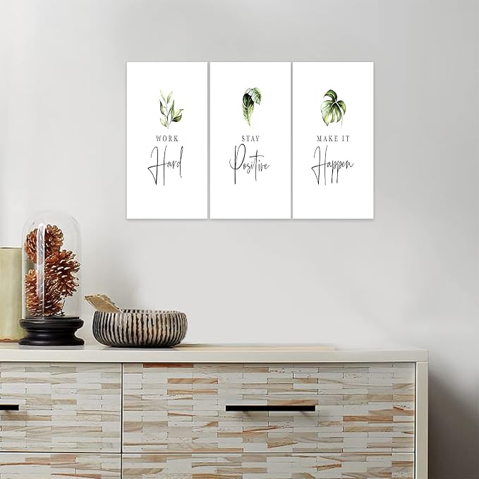 3 Piece Inspirational Wall Art, White Plants Sayings Picture, Quotes Work Stay Make it Canvas Prints for Office Decor, Triptych Entrepreneur Framed Artwork for Women Men Home Wall Decor (36" Wx24 H)