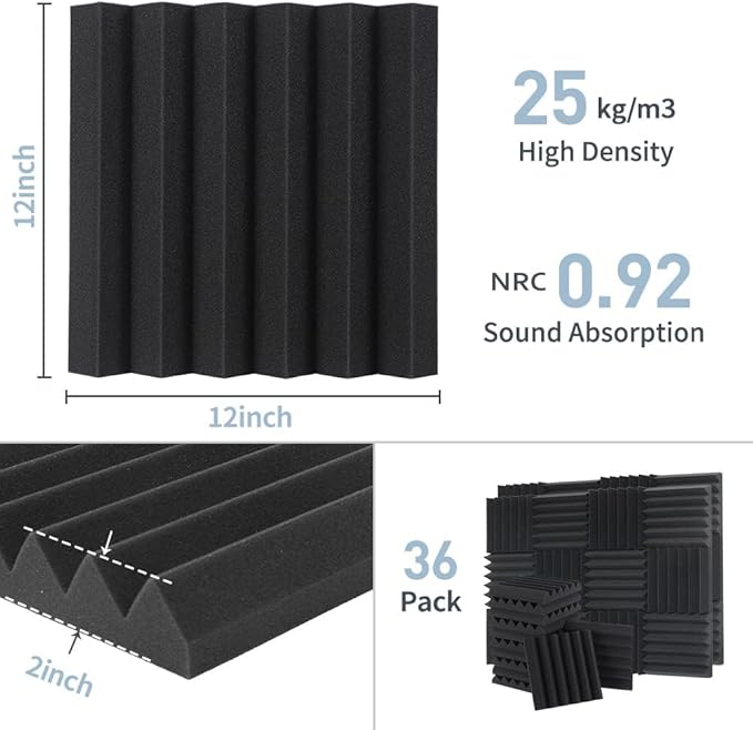 Sound Proof Foam Panels - 12 x 12 x 2 Inches 36 Pack Wedges Acoustic Foam Panels Sound Proofing Padding for Walls and Ceiling High Density Foam Studio Foam (Black)