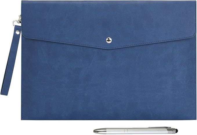 Wonderpool A4 PU Leather Envelope Documents File Portfolio Multifunction Folders Travel Bag for Paper Letter Stationery Organizer and Tablet Case PC Sleeve (Dark Blue)