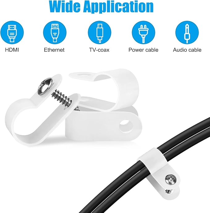 VIPMOON 100Pcs 3/8 Inch R Type Cable Clips, Plastic Cable Clamps White with 100Pcs Screws, Mounting Cable Fasteners for Electrical Wire Clamps Management