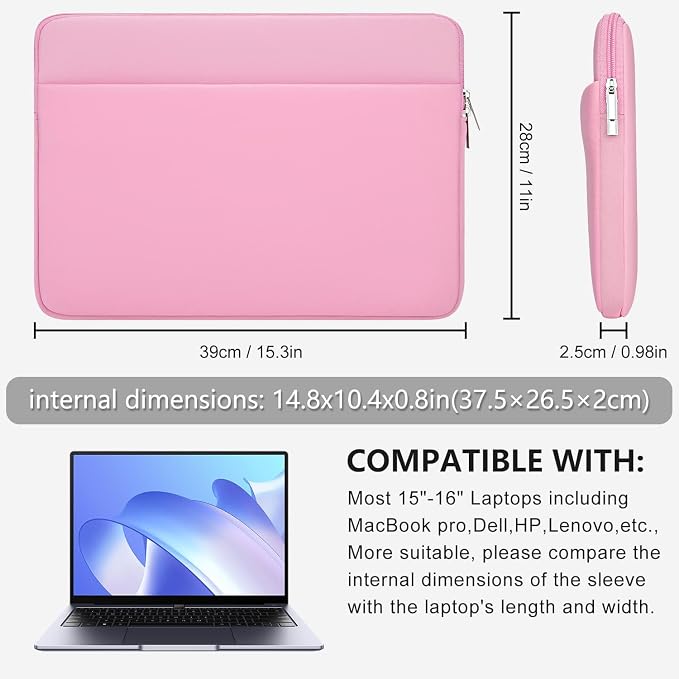 Laptop Sleeve Bag Compatible with 15 to 16 inches MacBook HP Dell Asus Acer Protective Case with Front Pocket Padded Computer Pouch Cover Protective for 15” to 16” Laptop, Pink