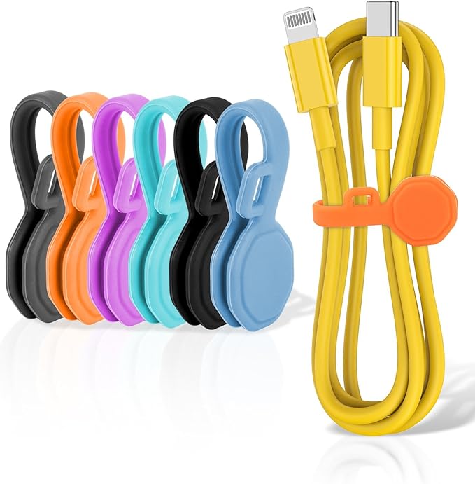 6 PCS Silicone Magnetic Cable Ties, Reusable cord Organizer clips | magnet cord holder for phone charging, compatible with USB/lightning cables, bookmarks, whiteboard magnets, fridge magnets