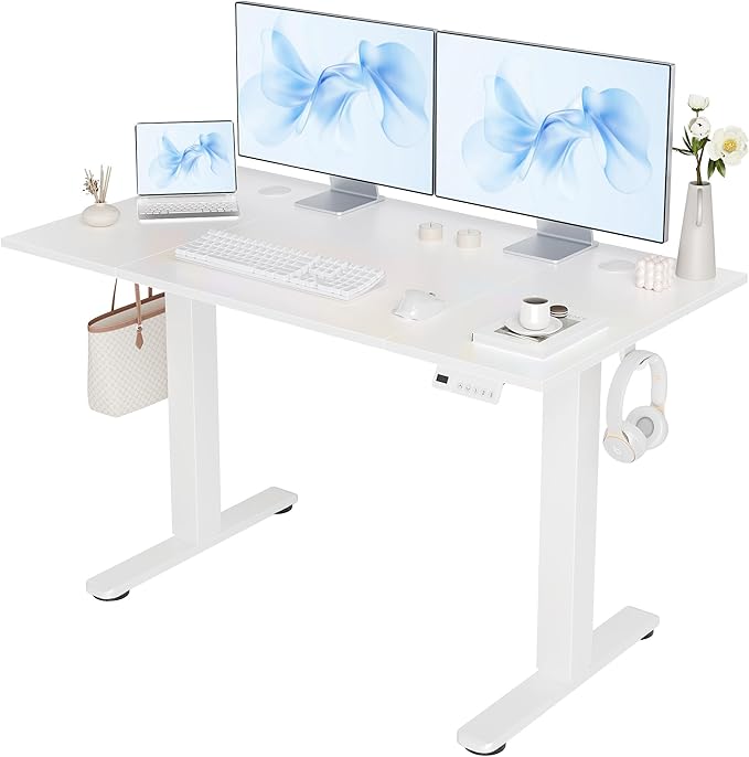 Claiks Electric Standing Desk, Adjustable Height Stand up Desk, 48x24 Inches Sit Stand Home Office Desk with Splice Board, White Frame/Cold White Top