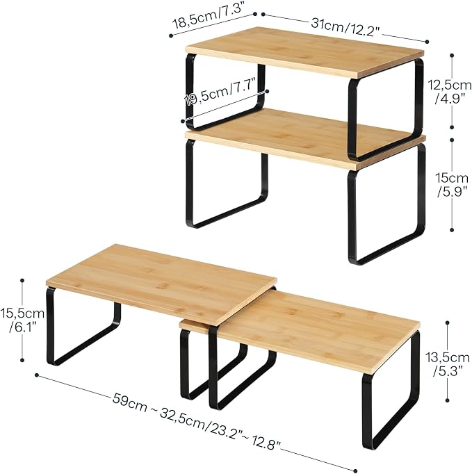 HOOBRO Cabinet Organizer Shelf, Set of 4 Kitchen Counter Shelves, Expandable Kitchen Storage, Stackable Bamboo Spice Rack, for Kitchen, Countertop, Office Desk, Bathroom, Natural and Black YB30TLP201