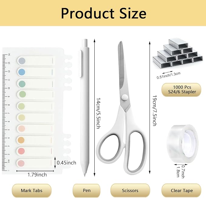 Office Supplies,White Desk Accessories,Office Supplies Set,Stapler and Tape Dispenser Set,Scissors,Staple Remover,Binder Clips,Staples,Ballpoint Pen,Index Tabs with Ruler,Clear Tape.9pcs for Office