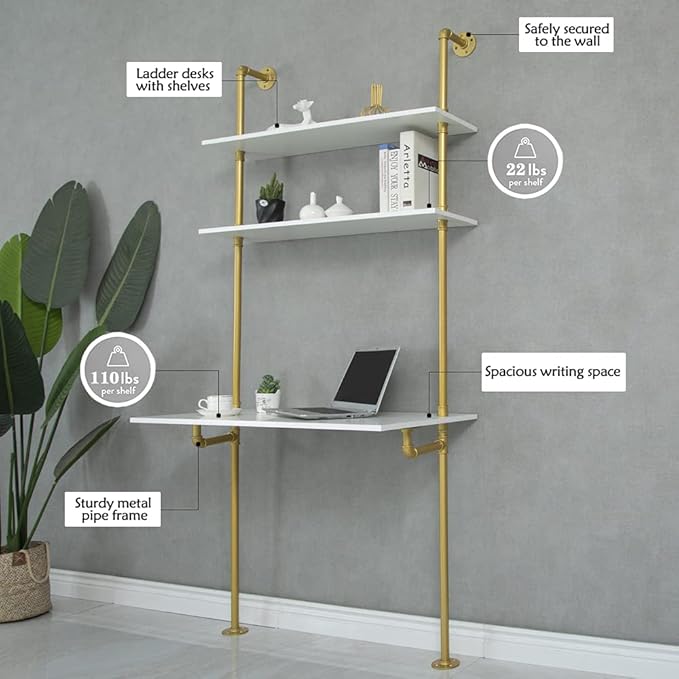 White and Gold Desk, 36" Ladder Desk, Wall Mount Computer Writing Table Pipe Shelf Shelving Mini Narrow Industrial Modern for Small Spaces(36x20x81)