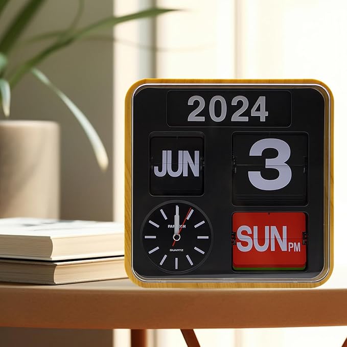 Retro Modern 9.45 Inches Calendar Day Date Flip Desk Wall Clock (Wood Grain)(No Battery Included)