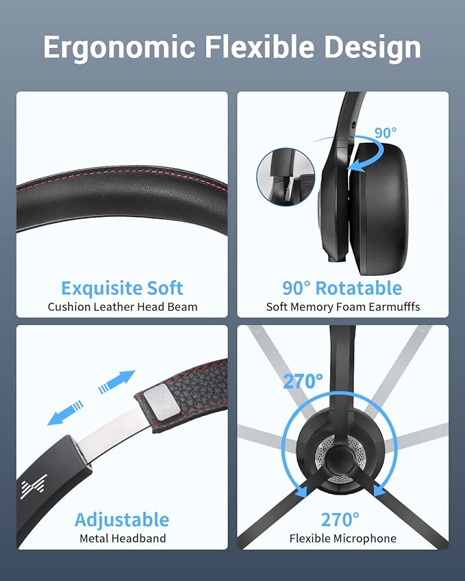Wireless Headset with Mic for Work, Bluetooth V5.2 Headphones with AI Noise Cancelling Microphone, USB Dongle, Clear Calls & Mic Mute, for Laptop, PC, iPhone & Android Phones