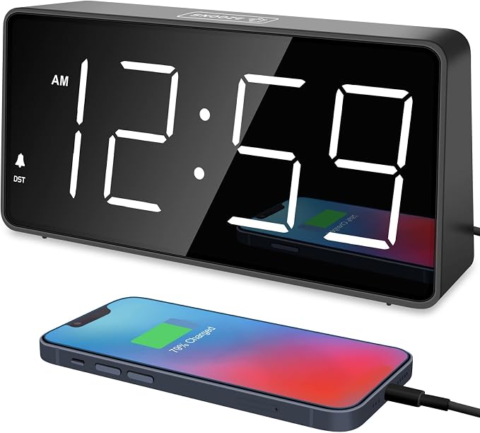 Peakeep Digital Alarm Clock for Bedrooms Bedside, Loud for Heavy Sleepers | Large Big LED Numbers Dimmable for Seniors, Battery Backup Plug in Electric Clock with USB Charger(White)