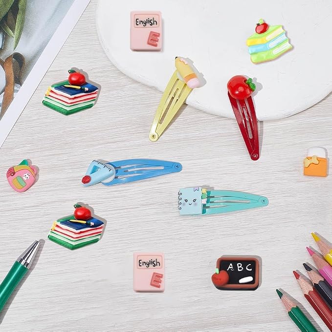 SUNNYCLUE 1 Box 36Pcs 9 Styles Resin Cabochons Teacher's Day Charms Cute Flatback School Study Supplies Mini Ruler Eraser Pencil Notebook Cabochon for Scrapbooking Embellishments DIY Craft Hairpins
