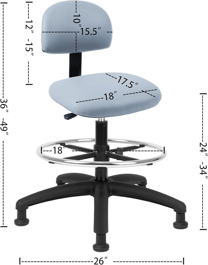 FSS Series Square seat Tall (24"-34") seat Height Chair. Vinyl-for Office, Garage, Desk, Shop, Computer, Doctor, Medical, Easy to Clean! 18" Footring (Gray, Tall, Glides)