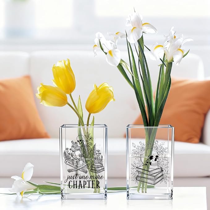 Just One More Chapter Acrylic Pen Holder Cup Set 2, Funny Skull Pencil Holder Desk Organizer, Skull Office Desk Accessories, Sarcastic Book Lover Gifts for Women Men Bookworms Coworkers Teachers