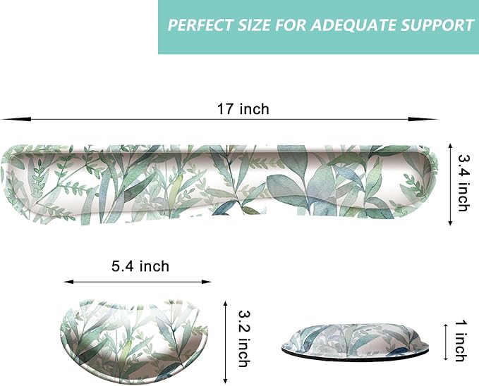 Keyboard Wrist Rest Mouse Wrist Support Set, Memory Foam Wrist Rest Pad for Computer Laptop Keyboard Mouse, Ergonomic Wrist Cushion Support for Typing Pain Relief, Gaming Home Office, Green Leaves