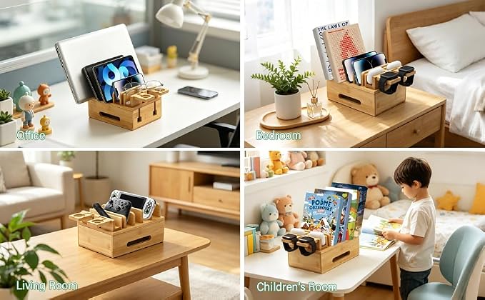 Bamboo Charging Station for Multiple Devices, Desktop Organizer Docking Station, Natural Bamboo Desk Storage Stand for Phone, Tablet, Earbuds, Smart Watch (Power Adapter Not Included)