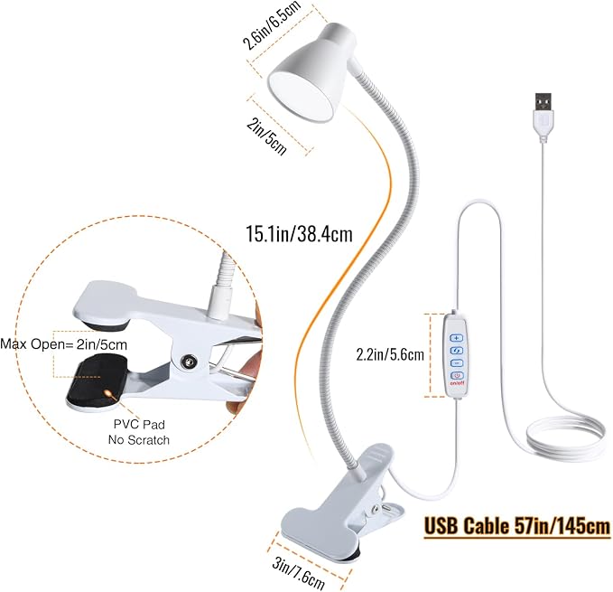 Clamp Desk Lamp, Clip on Reading Light, 3000K-6500K Adjustable Color Temperature, Multiple Illumination Modes, CRI>90, 6Watts (Adapter Included)