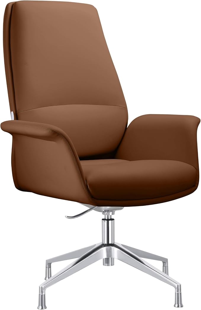 LeisureMod Mid-Century Modern Swivel Office Chair, Adjustable Height with Faux Leather Seat and Aluminum Frame, Dark Brown