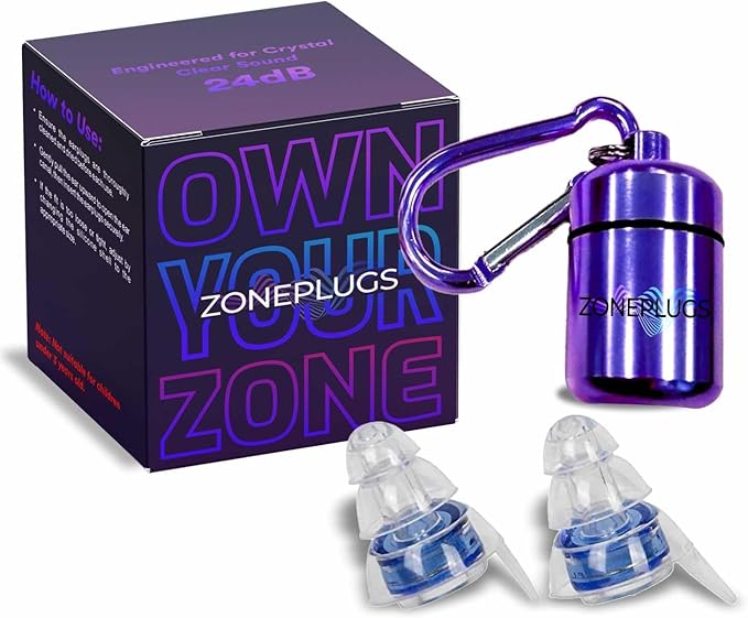 High Fidelity Concert Ear Plugs (2 Pairs) – 24 dB Professional Noise Reduction for Musicians & Raves – Crystal Clear Sound Reusable Silicone Earplugs with Aluminum Carry Case – Blue