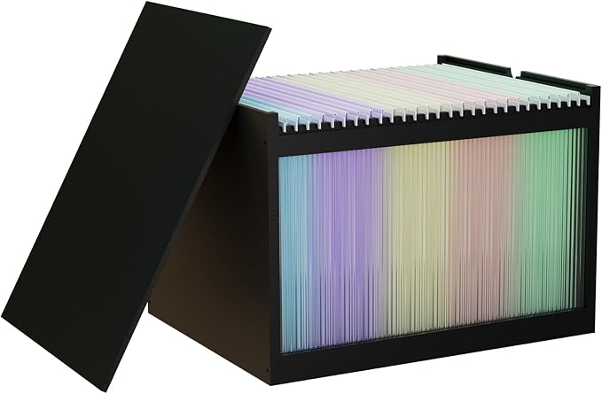 Bamboo Hanging File Organizer, Desktop File Box with Lids, 1 Pack, Black | Removable Lid, Clear Acrylic Side Panels, 2 Hanging Folders Included, Helps Reduce Dust, Letter & Legal Size, Easy Assembly