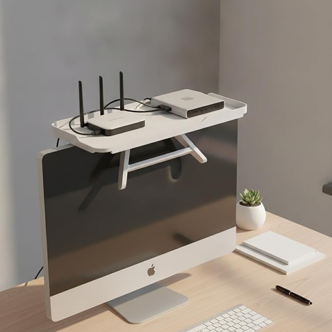 White Monitor Top Shelf with Cable Management, Steel Desk Organizer for Router and Modem, No-Drill Installation