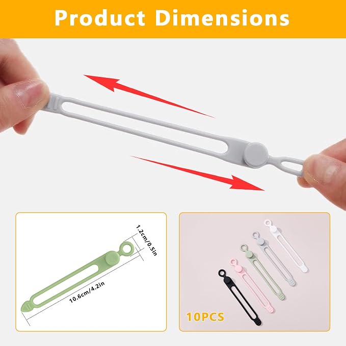10 Pcs Silicone Cable Ties, Reusable Cord Organizer. | High Elasticity Cable Management Straps for Home Office Kitchen Appliances Cords Wires