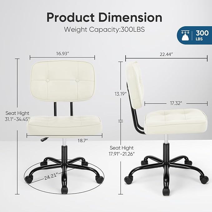 DUMOS Armless Office Desk Chair, Small Vanity Chair with Wheels | PU Leather, Computer Rolling Task, Height Adjustable, Bedroom Living Room, Ivory White