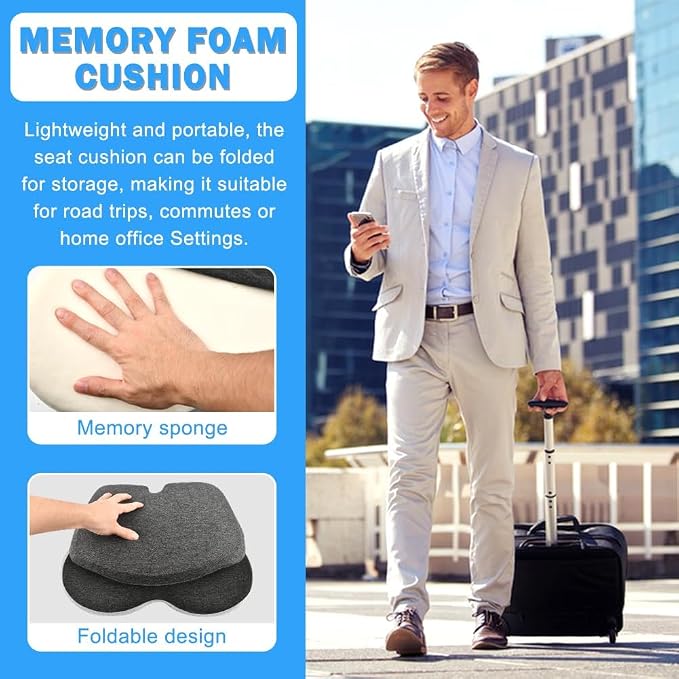 Memory Foam Seat Cushion with Lumbar Back Support, L-Shaped Integrated Ergonomic Coccyx Pad, Non-Slip Breathable Cushion for Comfort, Office Chair Car Wheelchair (Black+Gray)