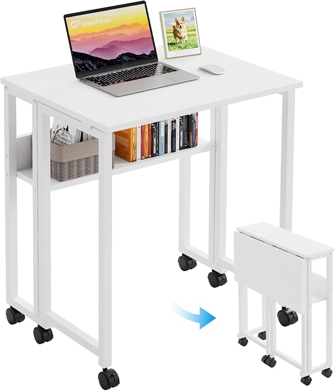 GreenForest Folding Desk with Wheels, 24.8 Inch Compact Rolling Computer Table with Storage Shelf, Portable Mobile Workstation for Small Spaces, Easy Assembly, Pure White