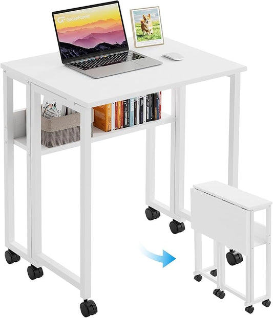 GreenForest Folding Desk Small Rolling Desk with Storage Shelf, 31.5 inch Foldable Computer Desk with Wheels for Small Space, Easy Assembly,Pure White