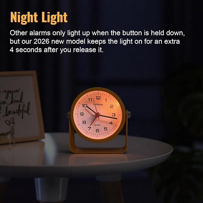 Lamisola 3.5 Inch Bathroom Clock, Small Alarm Clock for Bedroom, Orange | Battery Travel Desk Table Analog Clock for Kids Seniors Teens, Retro Cute Metal Home Decor Shelf Clock, Night Light Snooze