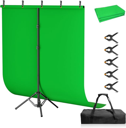 Green Screen Backdrop Kit, 5×7ft Portable Greenscreen Background with Adjustable T-Shaped Stand, 5 Clamps, Carrying Bag for Parties, Streaming, Photography, Zoom, Gaming, Video Studio