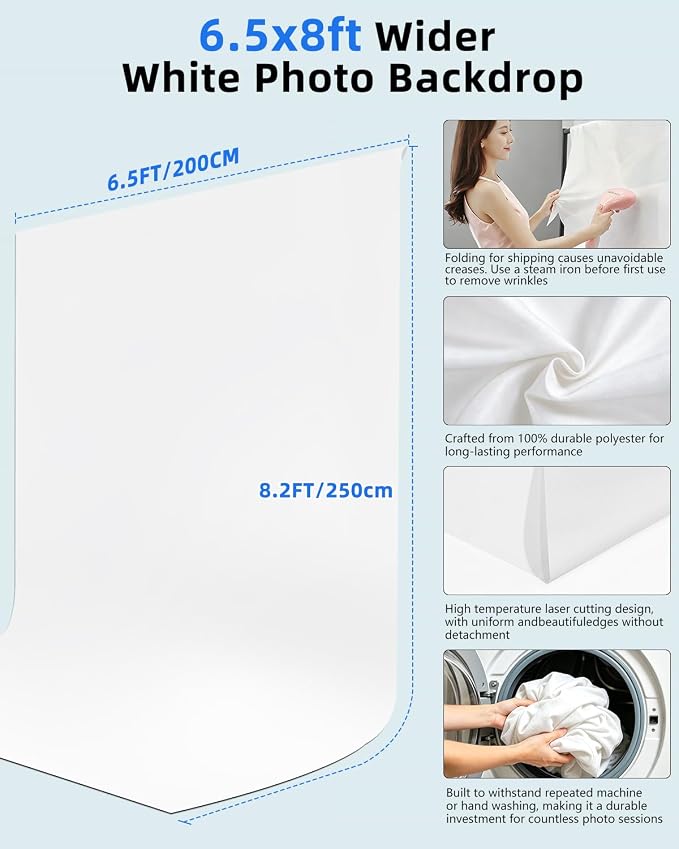 Hemmotop White Photo Backdrop Stand 8x7.5ft, Seamless White Photography Background with Stand Kit for Photoshoot Wedding Birthday Graduation Baby Shower Parties Projector Screen