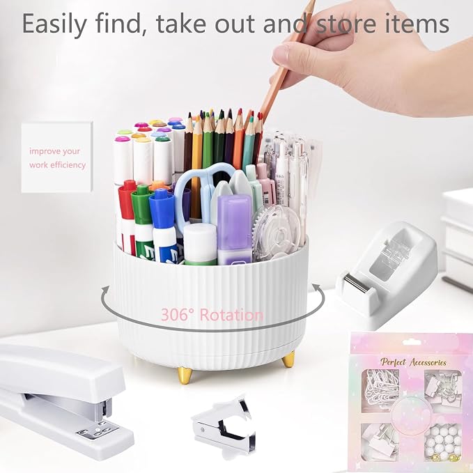 Office Supplies,School Supplies,White Desk Accessories,Desk Organizer,Scissors,Stapler,Tape Dispenser,Binder Clips,Staples,Staple Remover,Sticky Notes,Clear Tape,Pen,Ruler,Best Gift,11pcs
