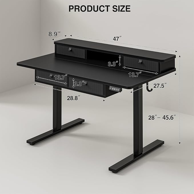 Grandder Electric Standing Desk with Four Drawers, Sit to Stand Up Height Adjustable Desk with Storage Shelf for Home Office, 47 * 28 Inch, Study, Ergonomic Adjustable Computer Desk, Black