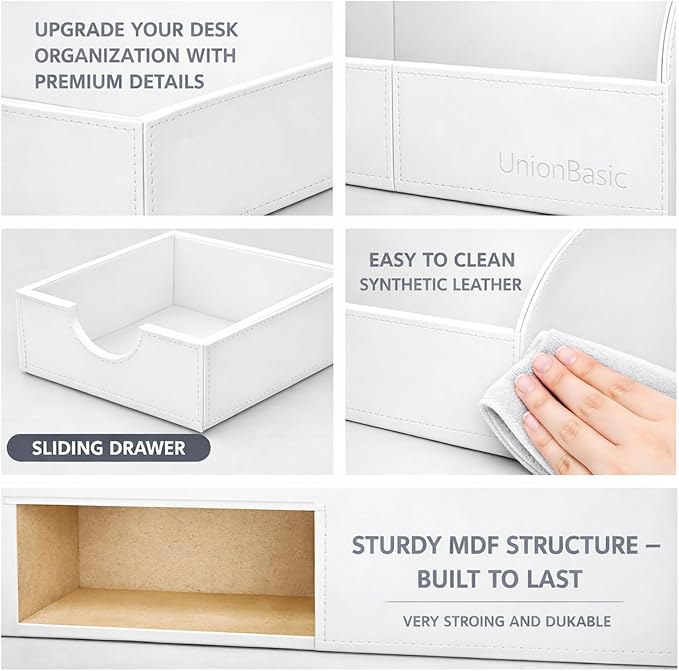 UnionBasic Desk Organizer - Multifunctional Leather Desktop Pen Holder Storage Box - Business Card/Pen/Pencil/Mobile Phone/Stationery Holder, White