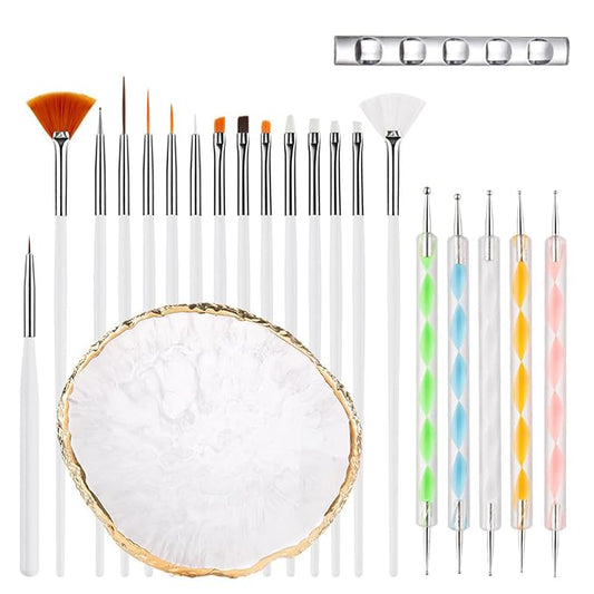 Nail Art Brush 22 Piece Set, 2 Way Acrylic Silicone Engraving Pen Dotting Pen Tools Nail Art Kit, Resin Nail Art Palette, For Nail Art DIY Home Salon Makeup Display Board (White)