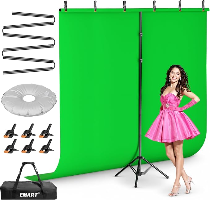 EMART Green Screen Backdrop Kit with Reverse Folding Base, 7x8ft Photo Greenscreen Background with Portable T-Shape Stand and 6 Clamps for Photography, Photoshoot, Studio Video Recording, Streaming