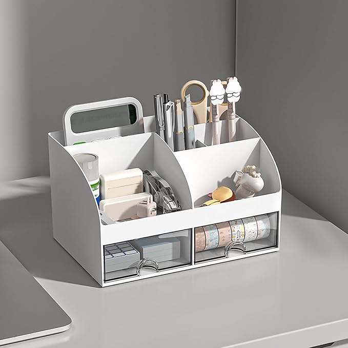 POCREATION Office Desk Organizer Desktop Storage Box Multifunctional Drawers with Transparent Design for Stationery Calculator Sticky Notes (White)