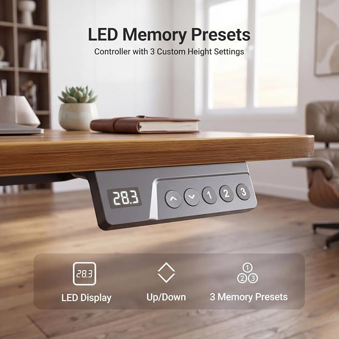 Claiks Electric Standing Desk 35x20 Inch Adjustable Desk, Rustic Brown | 156lbs weight capacity, 3 memory presets, industrial steel frame, cable management hub, adjustable height , easy assembly