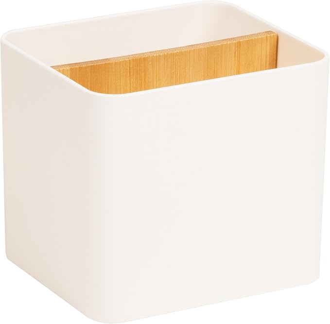 Mind Reader 2-Compartment Desktop Organizer, Removable Wood Divider, Non-Slip Base, Plastic and Wood, White