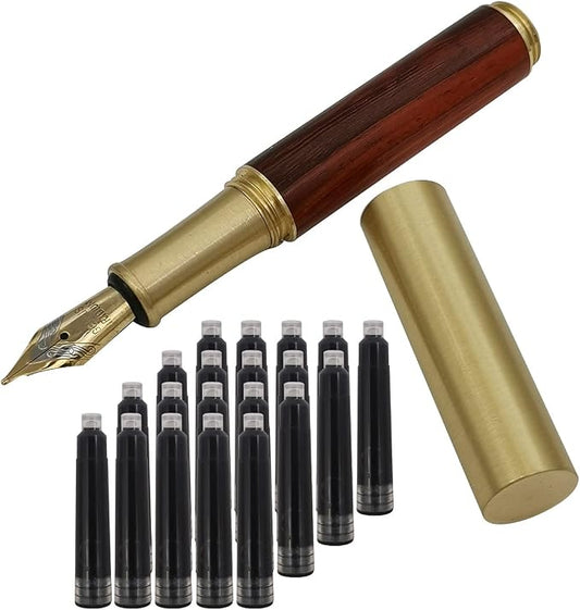 Handcrafted Brass Wooden Fountain Pen Short Paragraph (85mm) Pocket Mini Travel Pen with 20 Pcs Black Ink Cartridges, Brown-red Texture