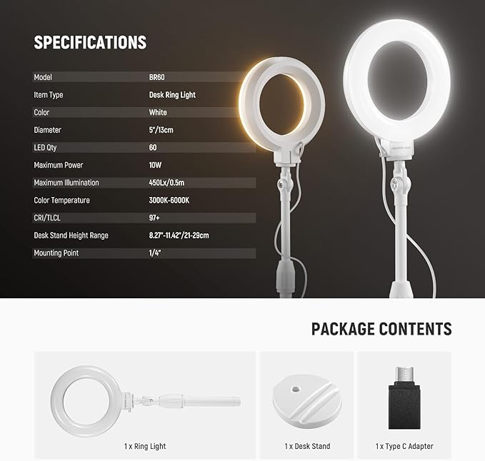 NEEWER BASICS 5"/13cm Desk Ring Light with Stand, 10W LED Selfie Light with Phone Holder Base Compatible with iPhone for Video Recording Laptop Webcam Zoom Video Conference Lighting Makeup, White BR60