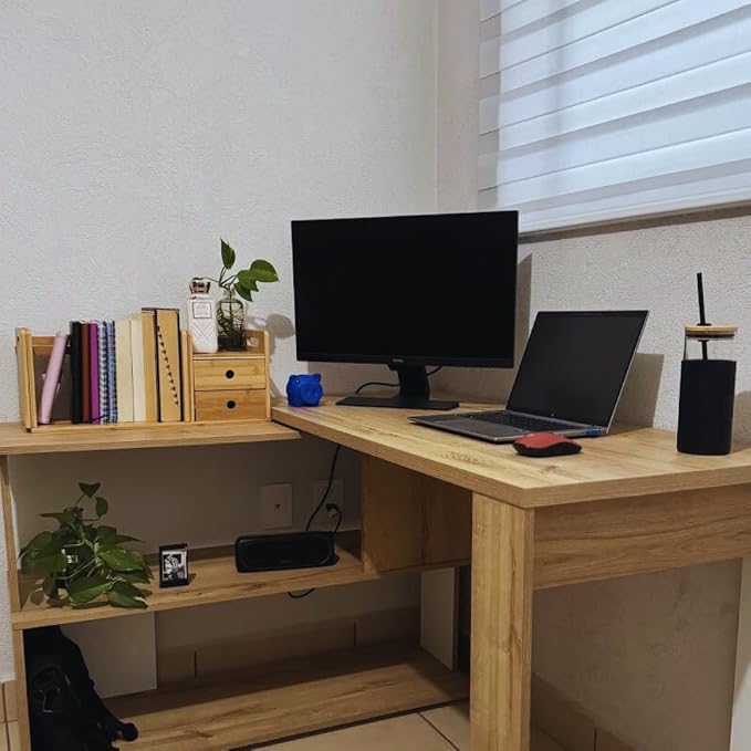 Desktop Bookshelf Expandable with Two Drawer Organizers Made of Bamboo, Collapsible Design & Compartments for Efficient, Clutter-Free Workspace Organization - Sleek Bookshelf