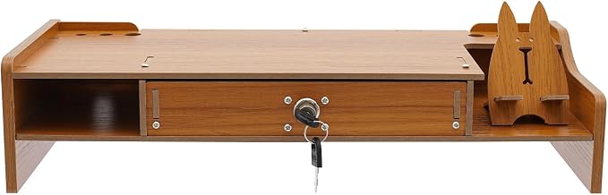 Wood Monitor Riser Drawer with Lock Computer Laptop PC Stand Desk Organizer