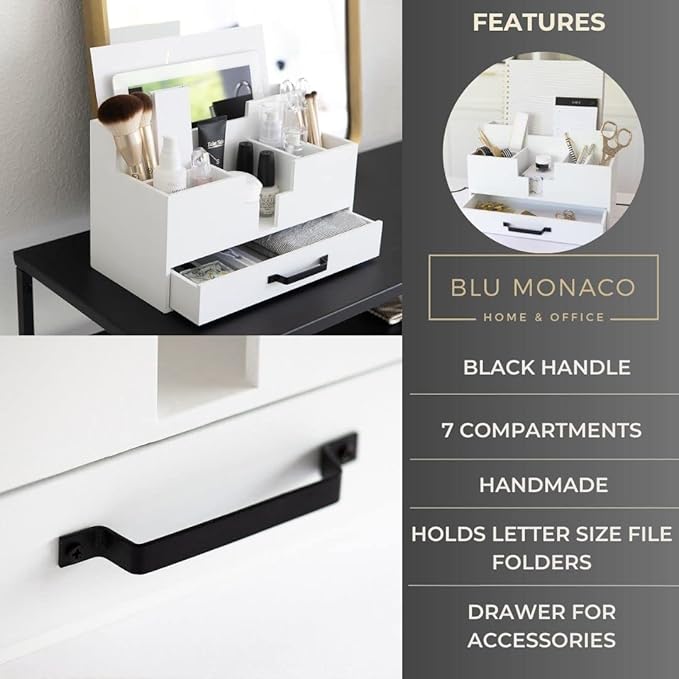 BLU MONACO | White Wood Desk Organizer with Drawer | Compact Desktop Mail & Office Supplies Storage with 6 Compartments | Modern Home Office Accessories for Women, Kitchen Counter & Reception Areas