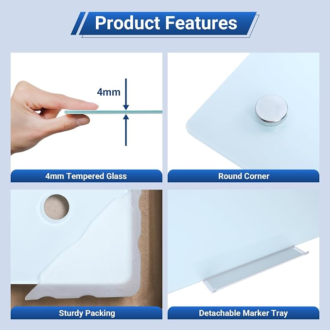 Magnetic Glass White Board 48 x 36, Tempered Frameless Dry Erase Board for Wall, Whiteboard for Office, Home & School