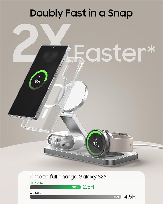 3 in 1 Foldable Magnetic Wireless Charging Station for Samsung, Wireless Charger Stand for Galaxy S26 Ultra S25/S24 /Note 20/Flip 7/Fold 7, for Galaxy Watch Ultra/8/7/6,Galaxy Buds 3/3 Pro