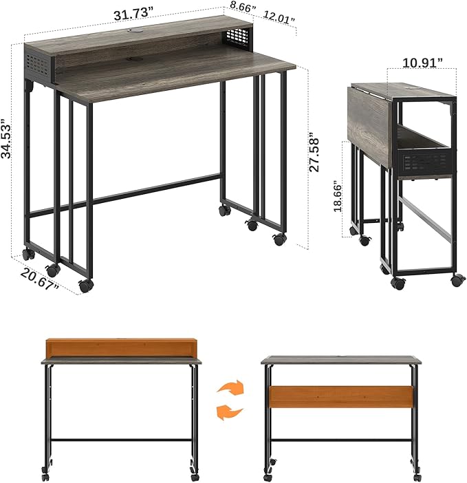 Gezen Folding Desk with Storage Shelf, Small Rolling Desk with Wheels, Mobile Sofa Side Table for Home Office Small Space, Dark Grey, 31.5"