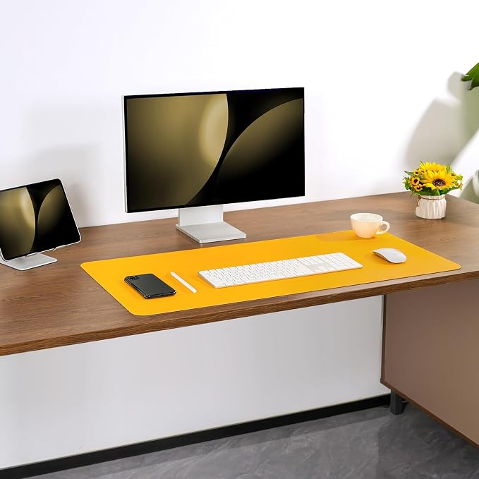 Dual Sided Desk Pad Faux Leather Desk Mat Large Mouse Pad | Desk Pad Protector Non-Slip Waterproof Desk Mouse Pad for Writing Desk, Office, Home(Yellow Gray 23.6"X13")